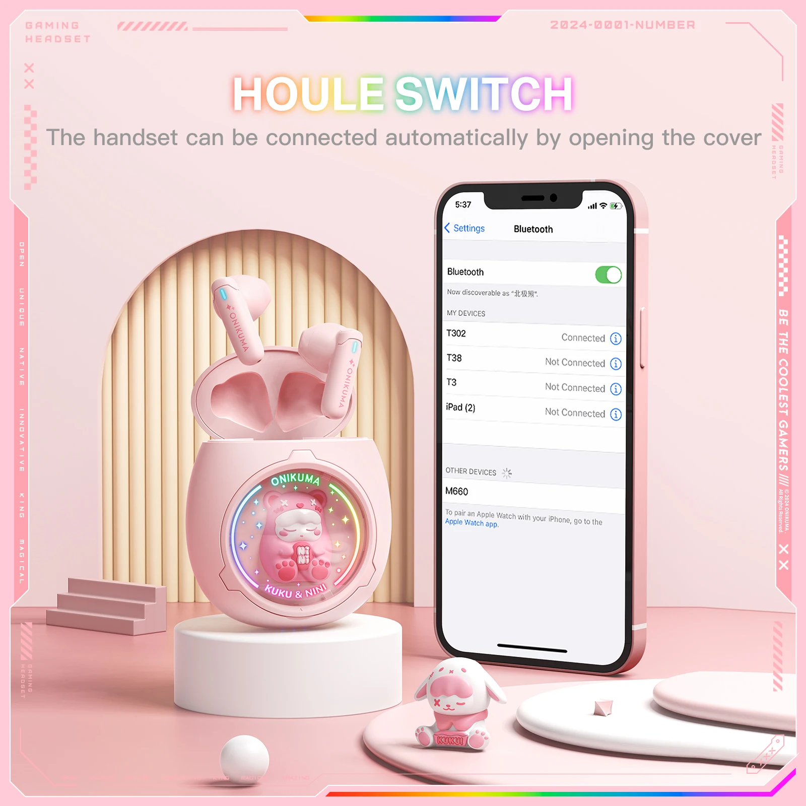 ONIKUMA T302 سماعات الرأس اللاسلكية الجديدة اللطيفة للحيوانات الأليفة BT: شبه داخل الأذن للنساء، إلغاء الضوضاء، الموسيقى/الرياضة/الألعاب، #4