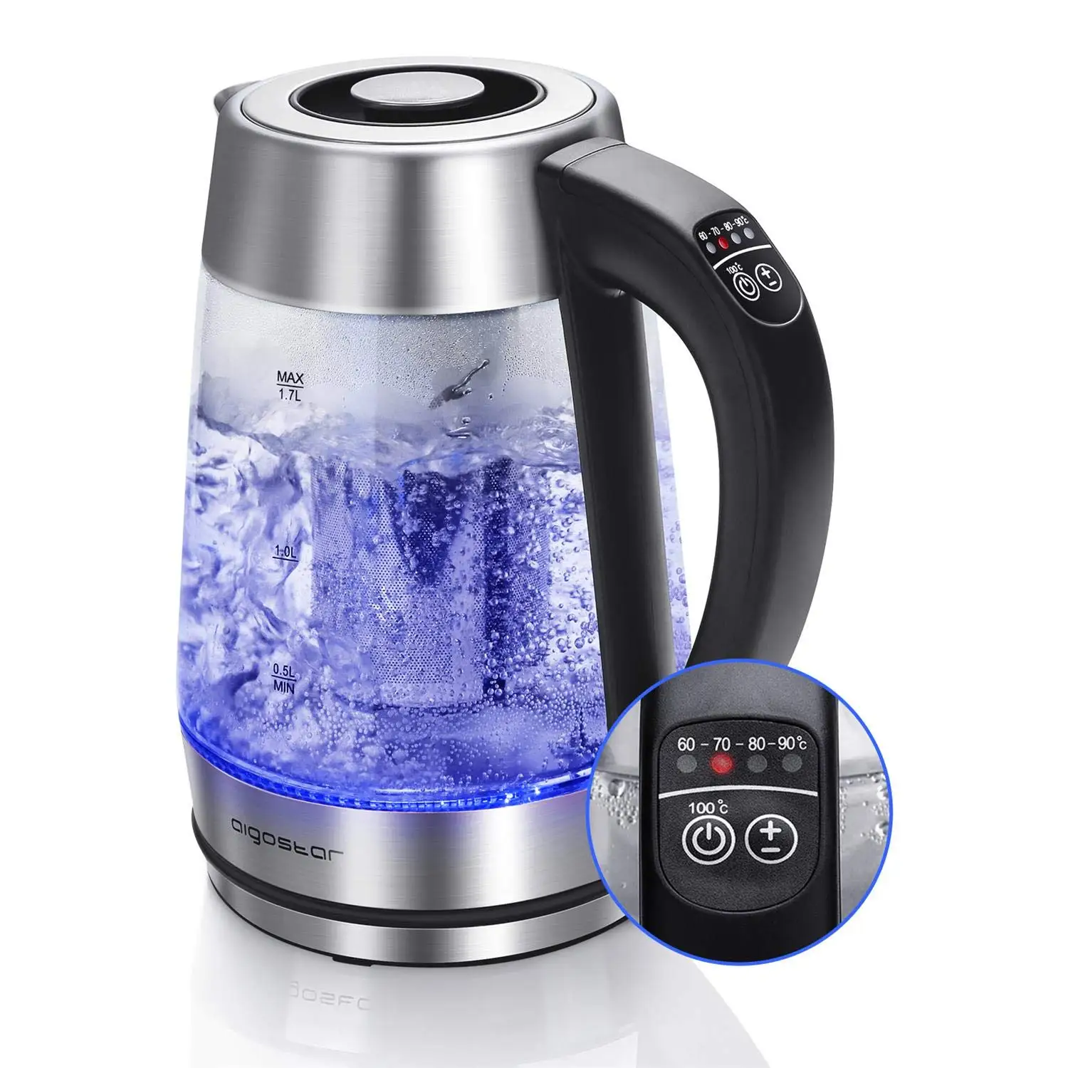 Aigostar Cris-glass kettle temperature adjustable 2200W, 1.7L. Adjustable Thermostat (60-100 °C) and function keeping warm, tea filter, removable LED lighting color, BPA free.