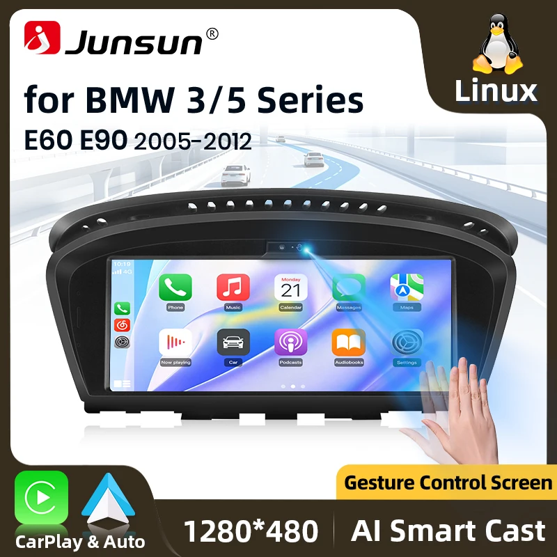 Autoradio multimédia sans fil Junsun Linux Carplay Android Auto pour BMW Série 5 E60 E61 E62 E63 E64 Série 3 E90 E91 E92 E93 CCC CIC 2005-2012 Bluetooth GPS Navigation Fonction de contrôle gestuel