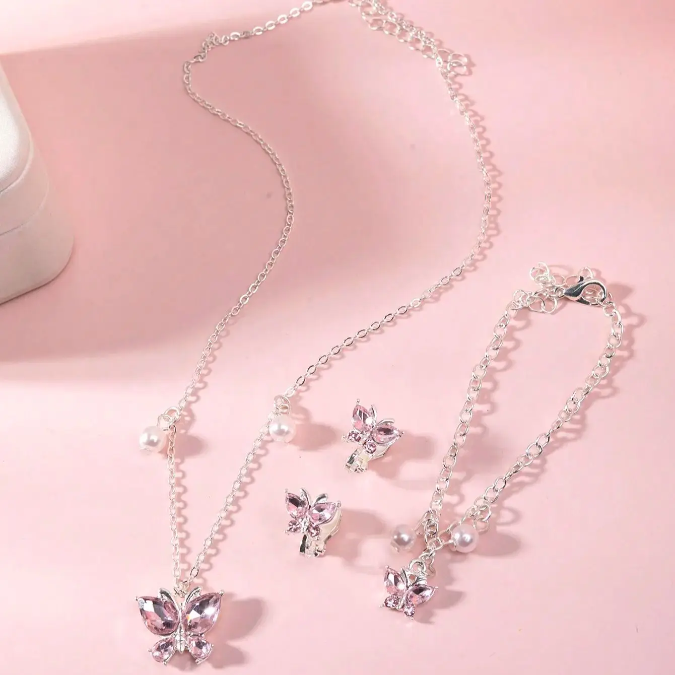 European and American pink purple simple generous butterfly necklace ear clip bracelet 3 pieces girl children\'s jewelry
