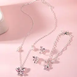 European and American pink purple simple generous butterfly necklace ear clip bracelet 3 pieces girl children's jewelry