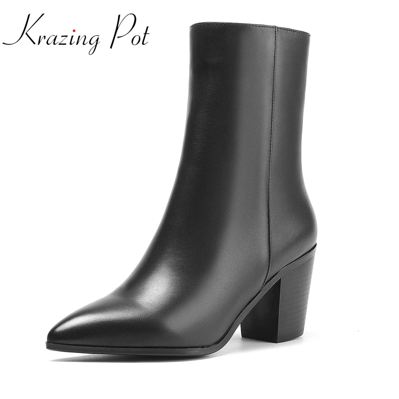 

Krazing Pot Large Size Cow Split Leather Pointed Toe High Heel Chelsea Boots Office Lady Mature Fashion Zipper Ankle Boots L54