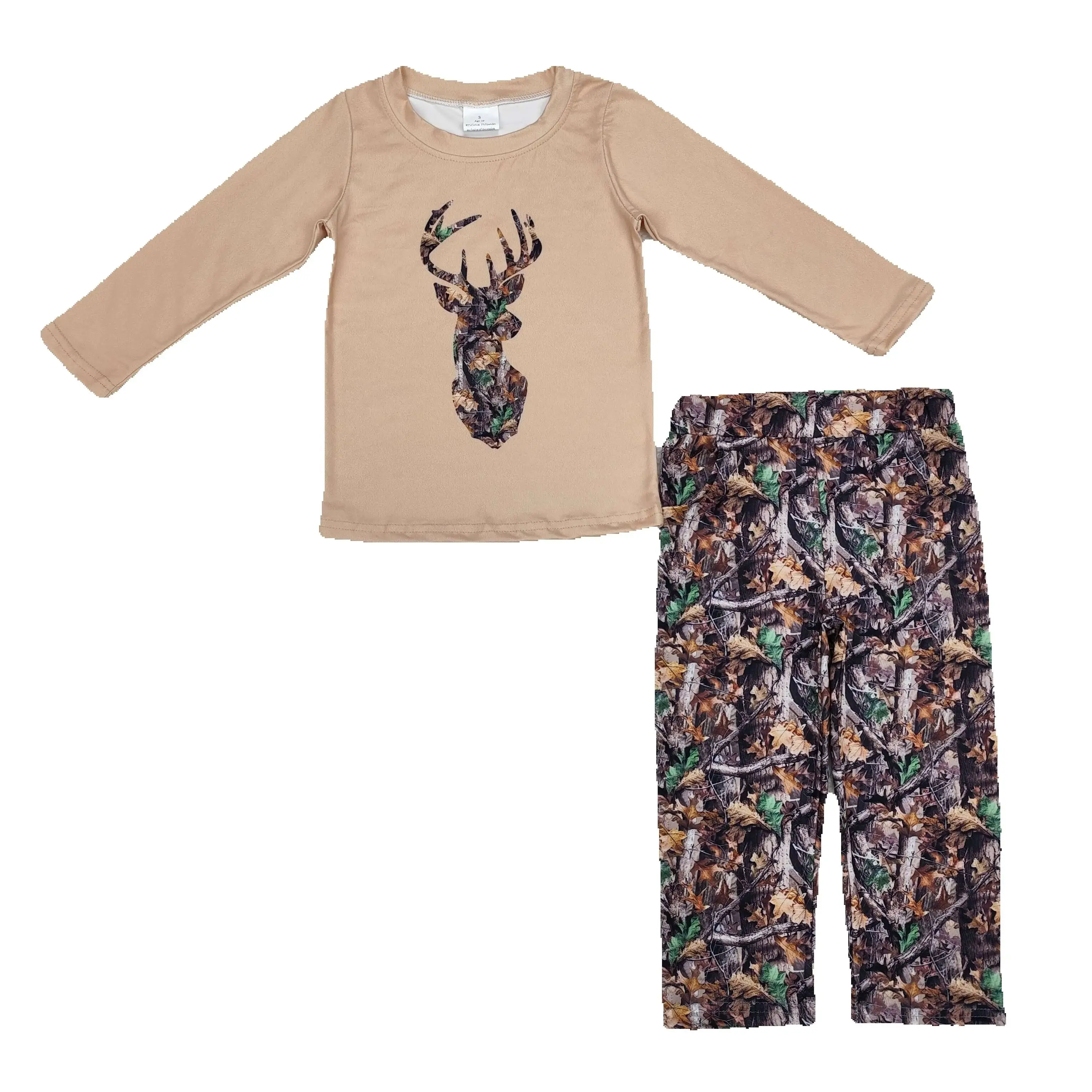 BLP0615 Kids Boys Autumn Outfit Sets Long Sleeves Branches Leaves Camouflage Deer Brown Print With Trousers Children Clothes Rts