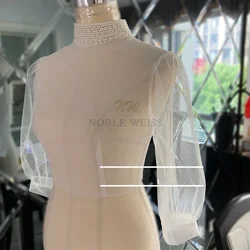 Pearls High Collar Wedding Jacket Tulle Bridal Bolero Jackets Buttons 3/4 Long Sleeve Wedding Party Top Customized