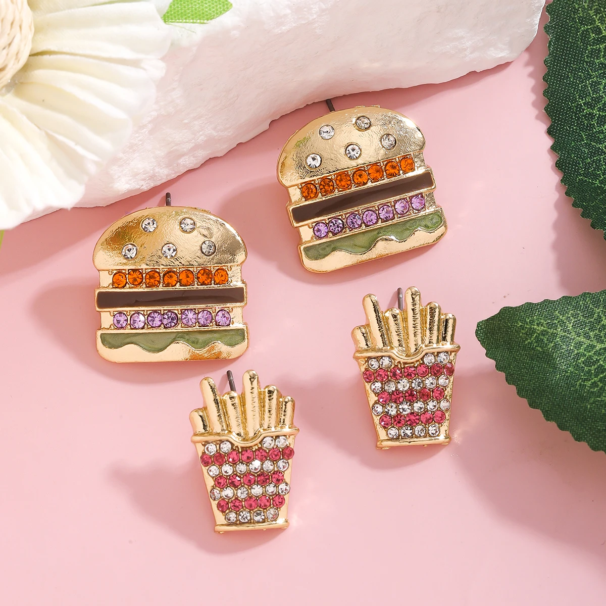 4PCS Creative Hamburger Chips Set Rhinestone Metal Stud Earrings Cute Simple Fast Food Earrings Statement Party Accessory Gifts