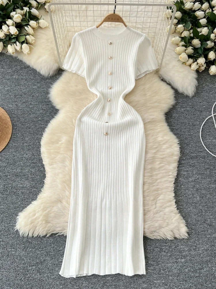 Knitted Bodycon Dress Women Round Neck Single Breasted Short Sleeved Slim French Style Long Dresses Ladies Spring Auutmn Robe