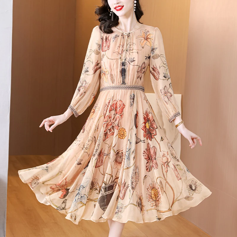 

2023 Autumn New Silk Flower Print Dress O-Neck Loose Large Size Slim Knee Length Long Sleeve Long Dress Beach Resort Style Robe