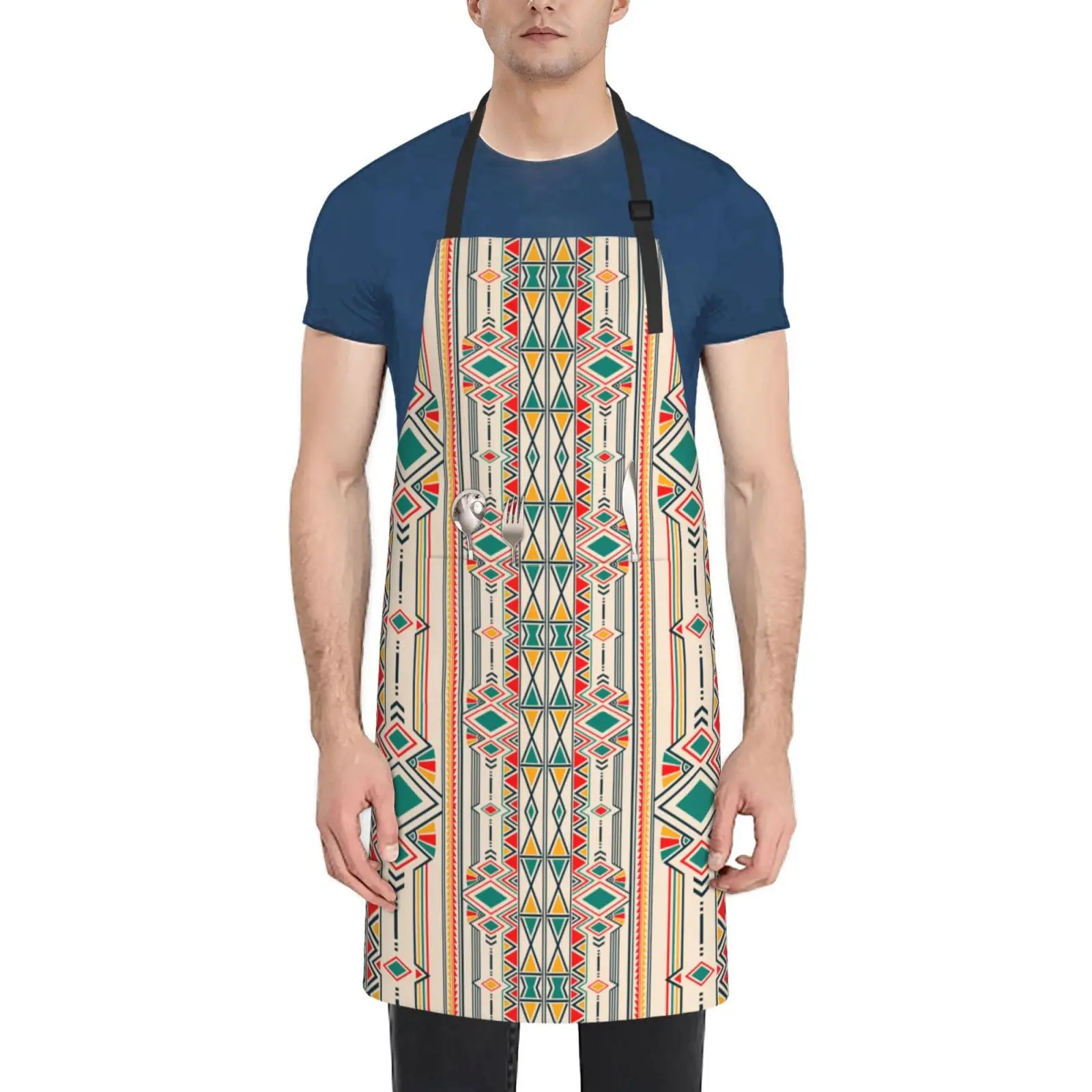 Ethnic Geometric Seamless Pattern Apron Adjustable Neck Aprons For Men Women With Pockets Waterproof Aprons