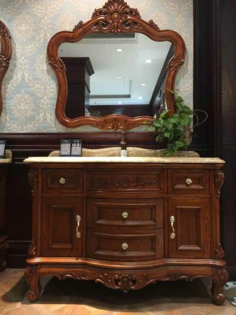 Red Oak Bathroom Cabinet Solid Wood Antique Bathroom Cabinet Marble Floor Washbasin Cabinet view 5
