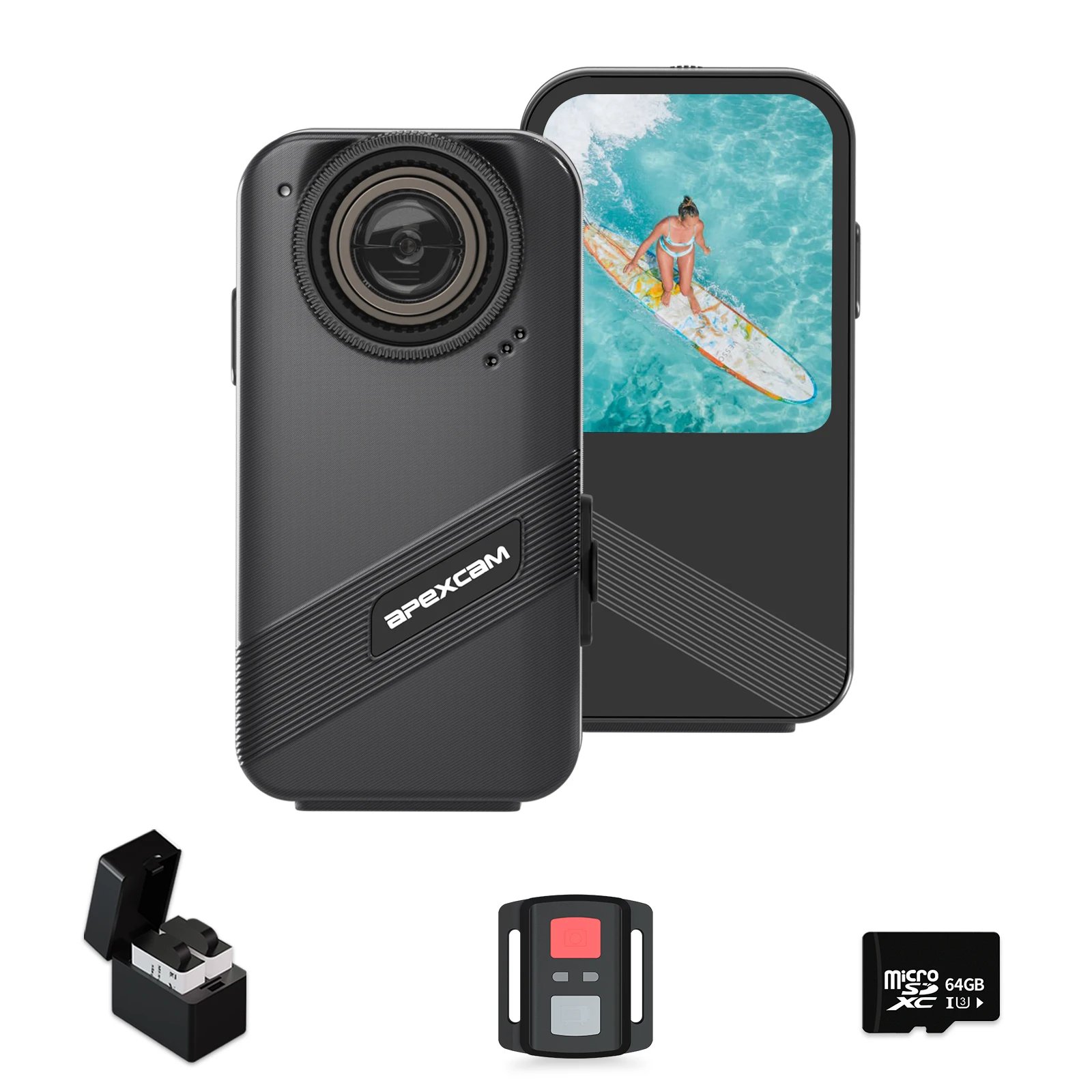 

Apexcam K20 Action Camera 4K EIS Sports Camera 66FT Body Waterproof Camera Underwater Mini Action Cam, with 64GB Card