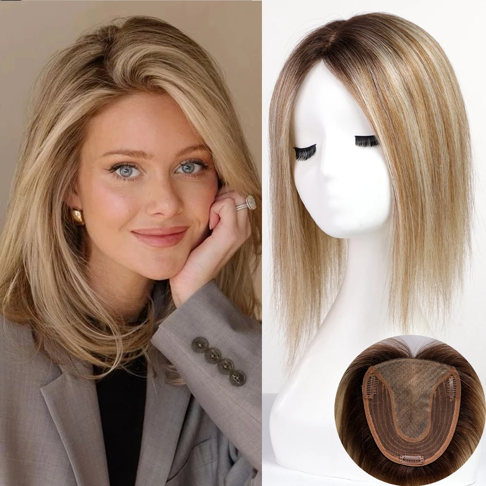 Blonde Gray Brown Remy Human Hair Toppers for Women 100% Remy Human Hairpieces Silk Base Clips in Hair Straight 12inches Toppers