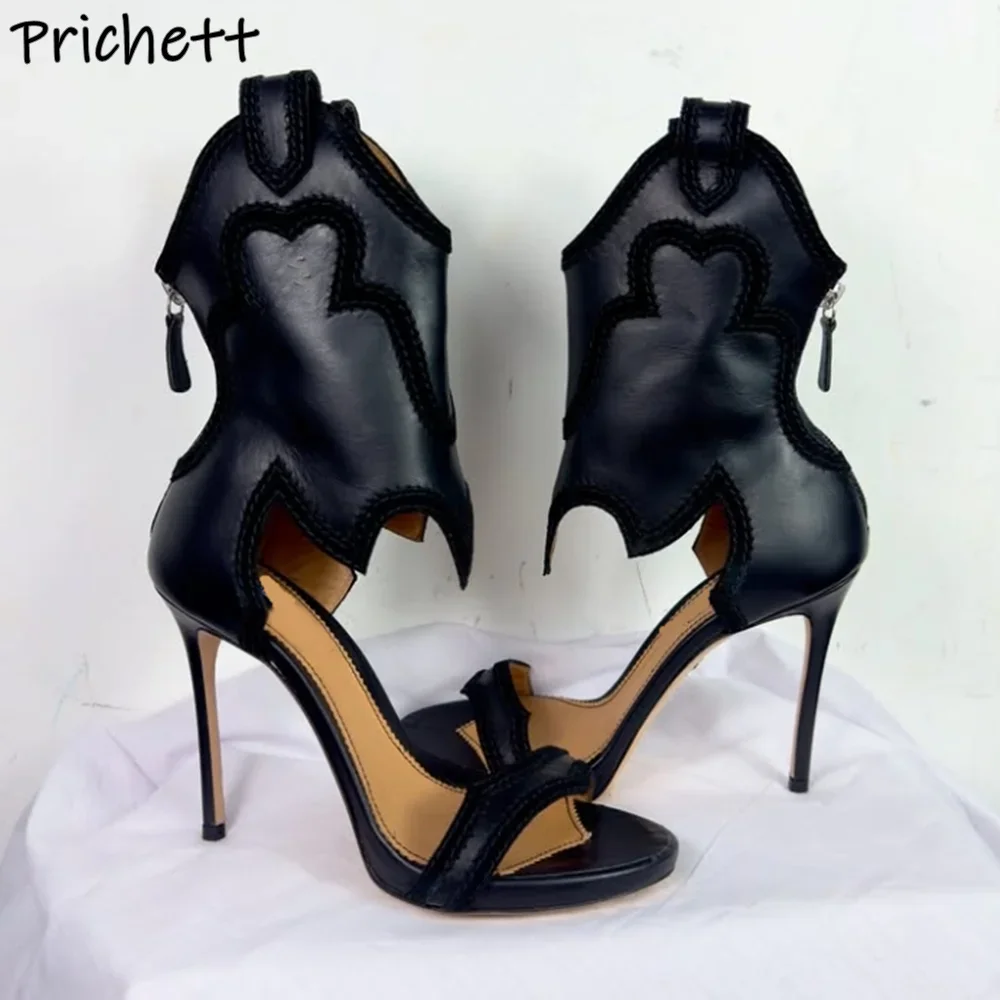 Sewing Patchwork Sandals Boots Round Toe Straight Strap Back Zipper Hollow Sexy Runway Shoes Women's Summer Chic Design Sandals
