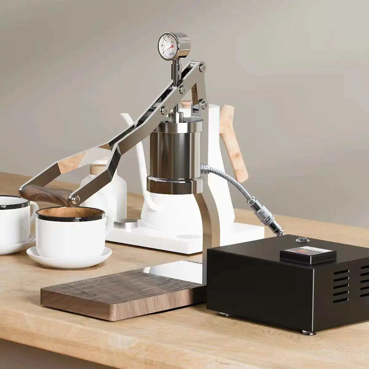 ALMKOPi New Second Generation Classic Wood Base Semi Automatic Manual Control Stainless Steel Body Espresso Machine