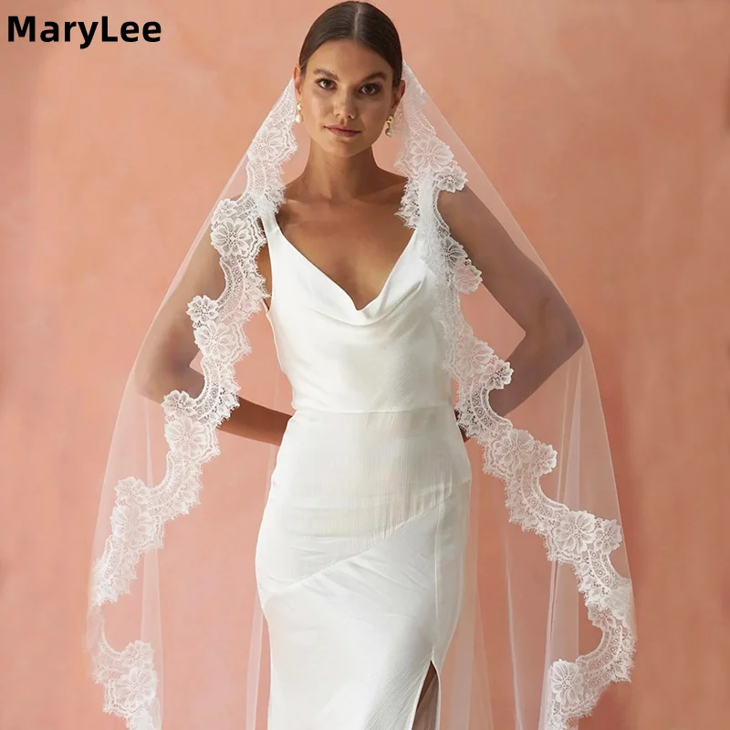 

Романтическая свадебная фата с цветочным кружевом по краю, однослойная, из мягкого тюля, в стиле "Катедрал\", с гребнем, индивидуальный дизайн