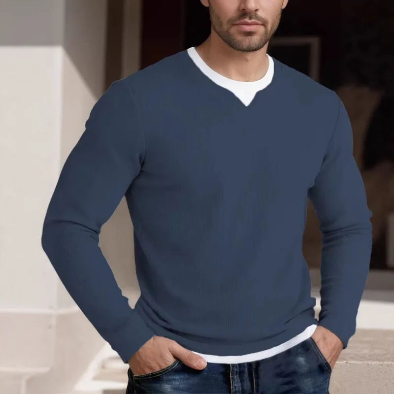Men's Waffle Knit Fake Two Piece Long Sleeve T-Shirt Spring Casual V Neck Top view 4