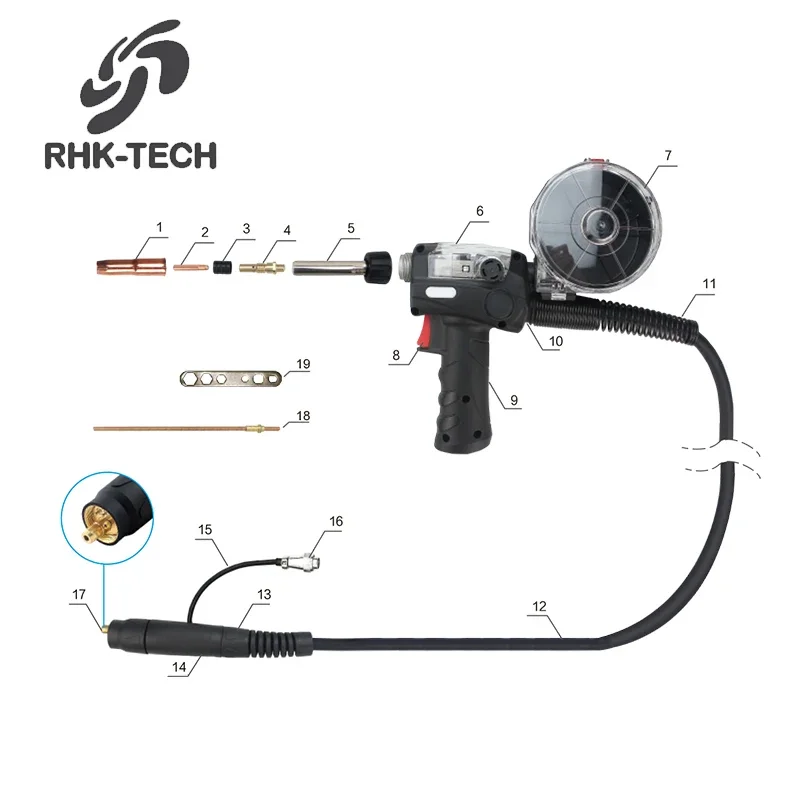 RHK LB250 Factory Euro Connector 200Amp raffreddato a Gas Mig Mag trafilatura saldatura torcia bobina pistola con regolabile Swanneck