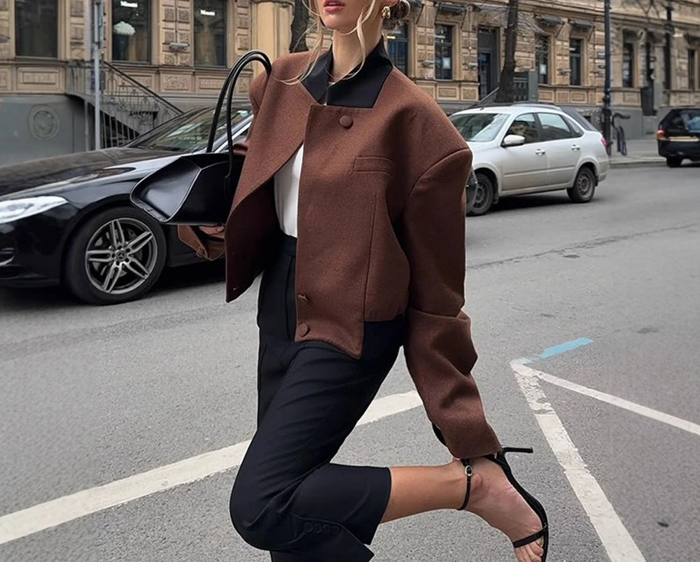 Elegant Woolen Patchwork V-neck Buttoned Jacket Short Coat 2025 New Women's Clothing