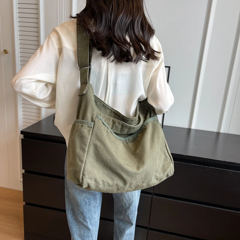 Big Canvas Women's Bag Zipper Eco Bag Korean Shoulder Cross Bag School Shopping Messenger Bag Y2K Handbag Multi Pockets Casual