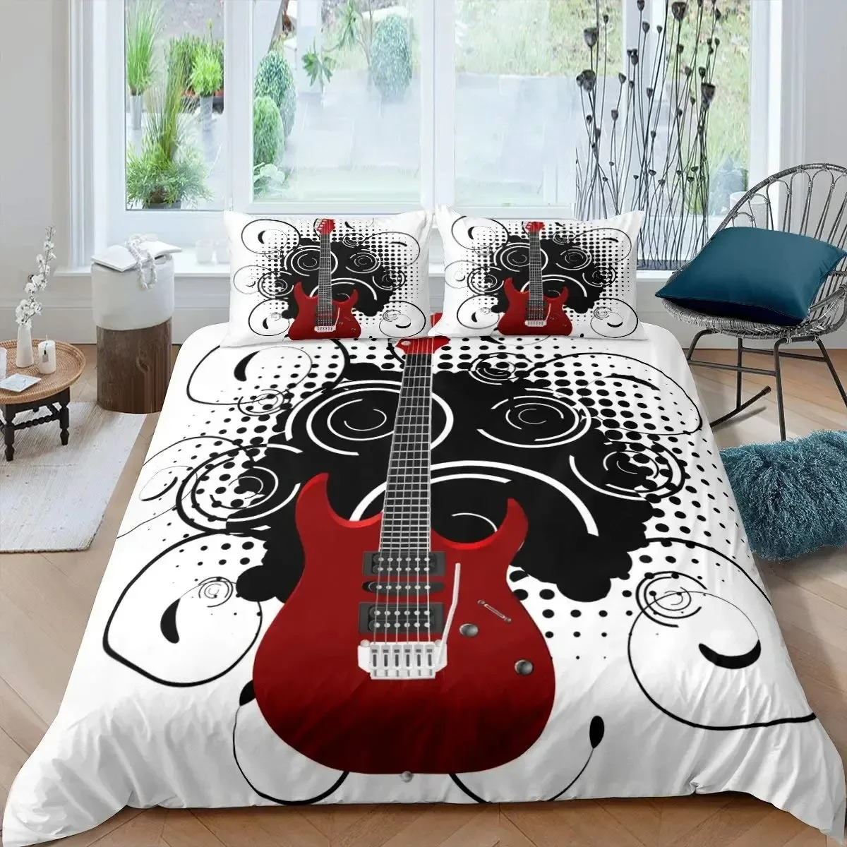 

Guitar Duvet Cover Set Music Theme Bedding Set Microfiber Vintage Grey Guitar on Wooden Floor Queen King Size Quilt Cover Set