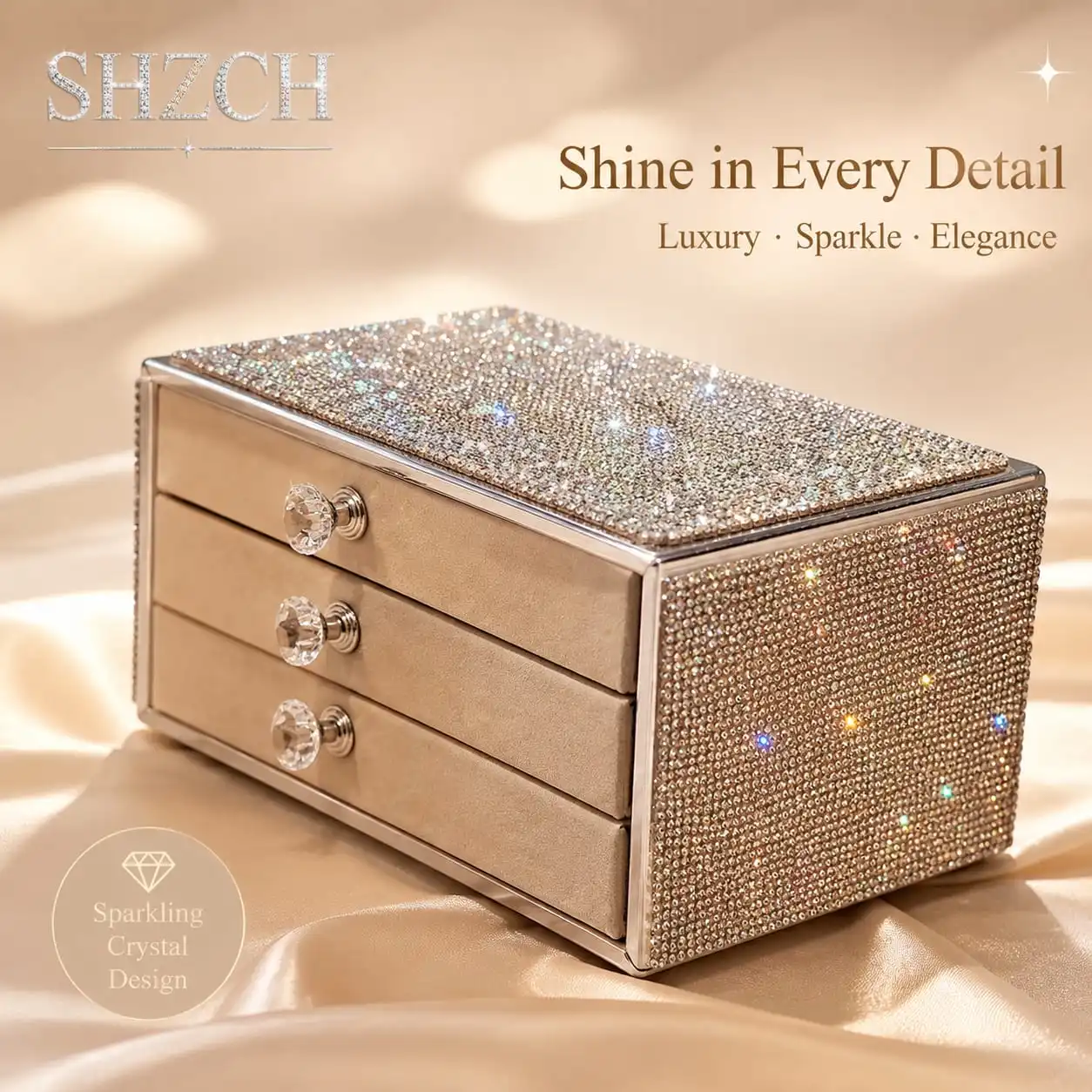 Rhinestone-Embellished Multi-Layer Drawer Jewelry Organizer - Large Capacity for Necklaces, Earrings, Rings & Bracelets