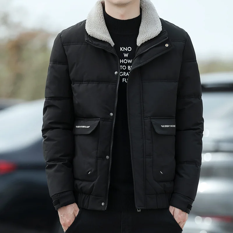 Winter Man Cotton Jacket Patchwork Turn Down Collar Male Outerwear Thicken Fleece Long Sleeve Pocket Business Casual Men Coat