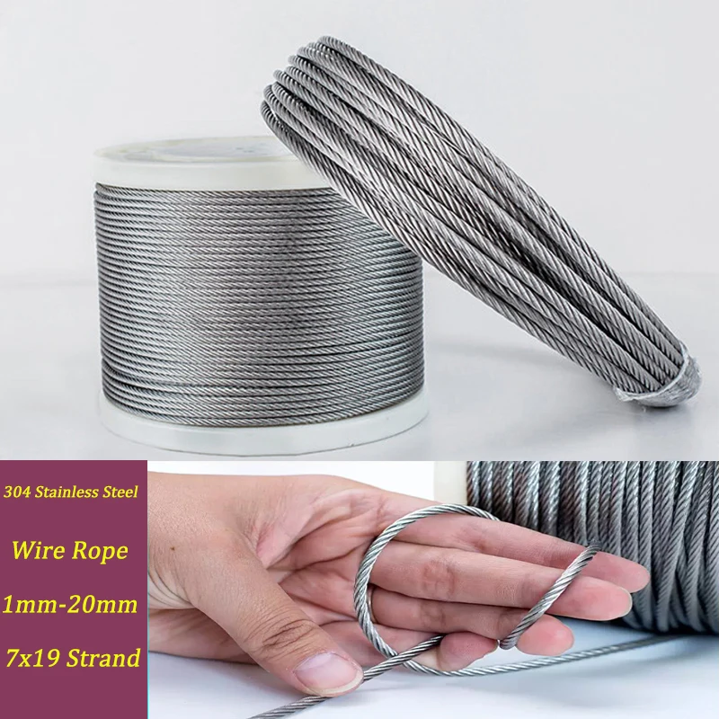 304 Stainless Steel Wire Rope 1mm-20mm 7x19 Strand, Flexible Aircraft Cable for Lifting, Crane, Clothesline, Garden, DIY