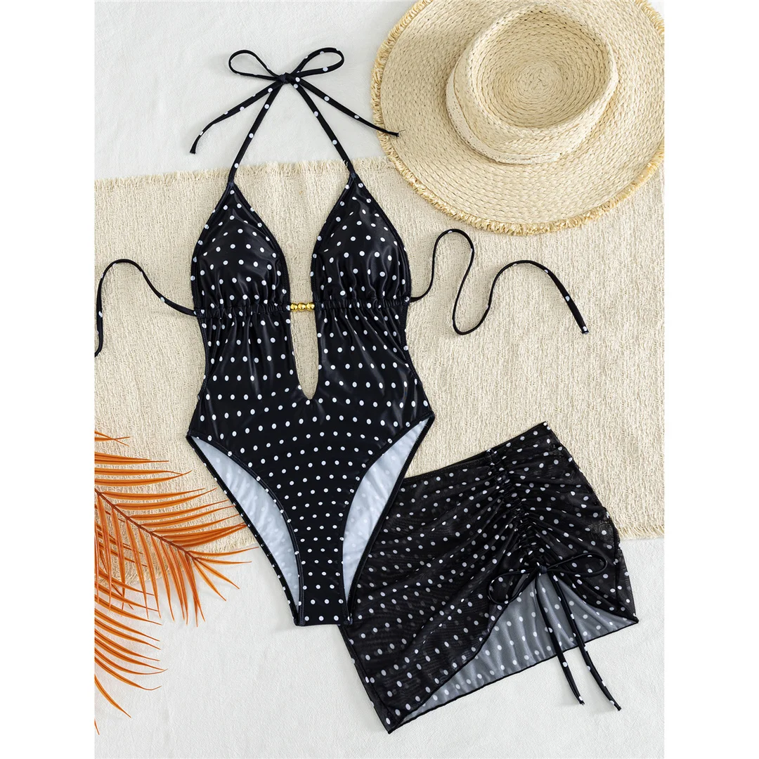 S - XL Polka Dot mit Rock, tiefer V-Ausschnitt, Damen-Badeanzug, einteiliger Badeanzug, Damen-Halterneck-Monokini, Badebekleidung, Badeanzug, Modell V8542. – Detail 7