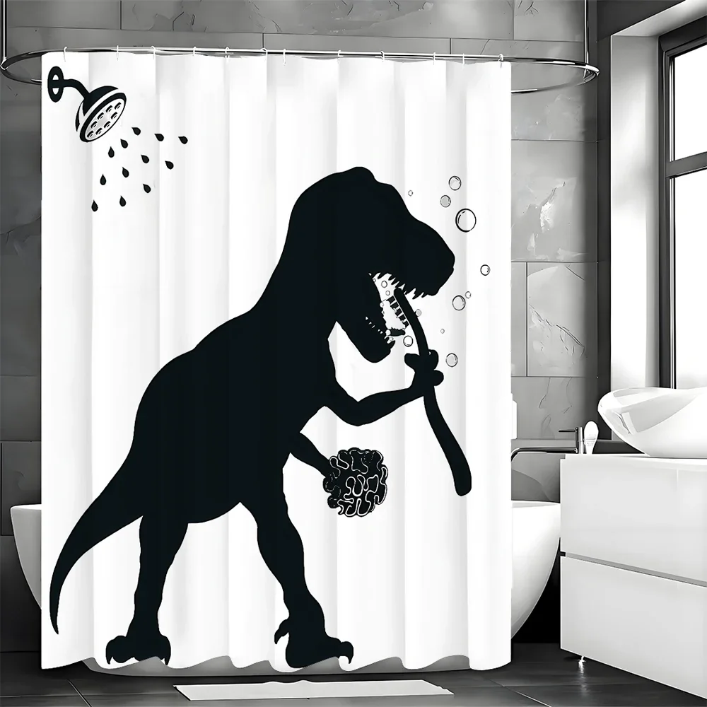 Dinosaur Shower Curtain, Fun Dinosaur, Black and White Cartoon Animal Shadow Bathroom Decorative Shower Curtain