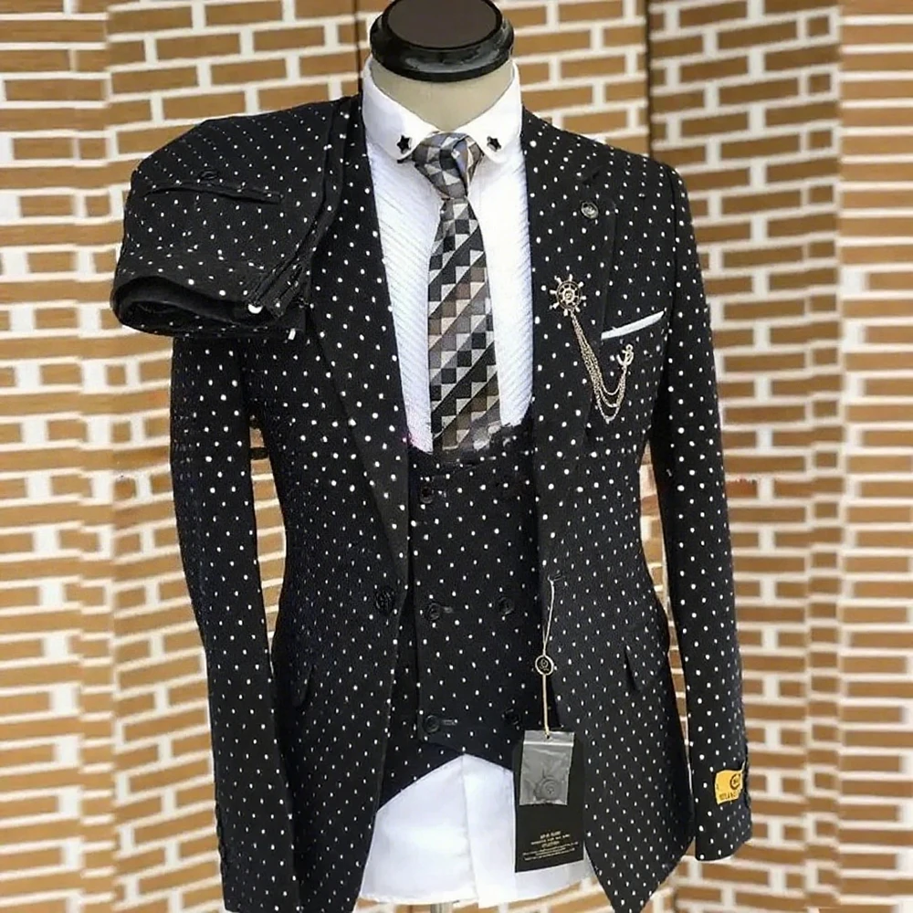 Fashion Dot Suits for Men Navy Blue Chic Notch Lapel Male Blazer Set Formal Casual Wedding Tuxedo 3 Piece (Jacket+Vest+Pants)