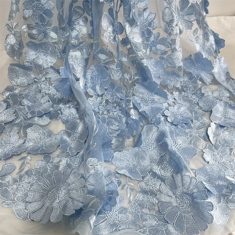 3D Sunflower lace fabric Embroidery Light Blue Mesh lace for Sewing Evening Princess Banquet Wedding Party Bridal Dress Design