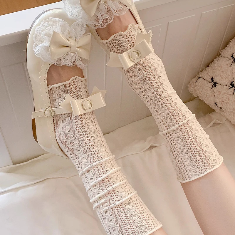 

2025 Retro Ruffles Knee Socks for Women Girls Y2K Lolita Lace Leg Warmers Hollow Out Foot Cover Leg Sleeves Long Calf Sockings