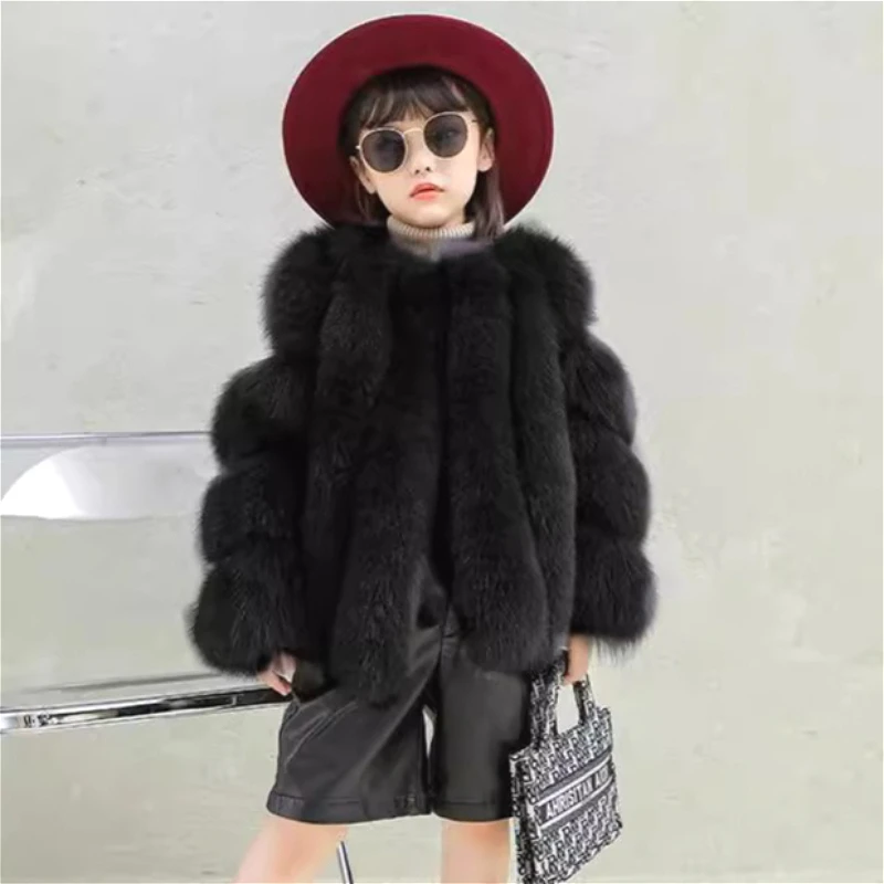 

Faux Fox Fur Coats Children Short Fur Jackets Solid Round Neck Long Sleeves Coverd Button Loose Fit Casual 2025 Autumn Winter