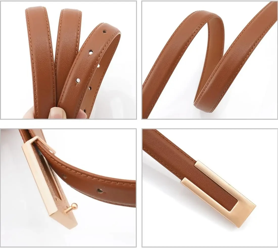 Fashion Cowhide Women Leather Belt Skinny Waist Belts for Dress Thin Waist Belt with Gold Buckle for Jeans Pants