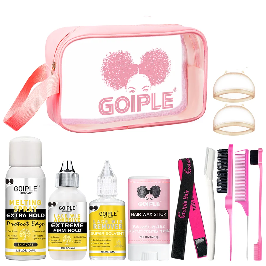 GOIPLE 12 in 1 Wig Install Kit for Women with Melting Spray, Lace Wig Adhesive and Remover, Travel Size Portable Travel Bag