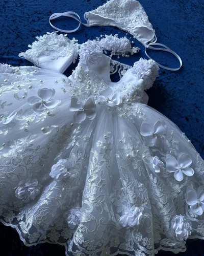 Imagen 2 del producto Lindo vestido de bautizo de encaje con traje de capó para niñas vestido blanco de fiesta de cumpleaños vestido de boda de flores 3D para niñas