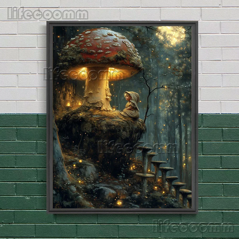 Cute Mushroom Goblin Wall Art Dark Fairy Canvas Painting Midnight Fairy Forest And Witchy Moon Art Poster Print Home Decoration