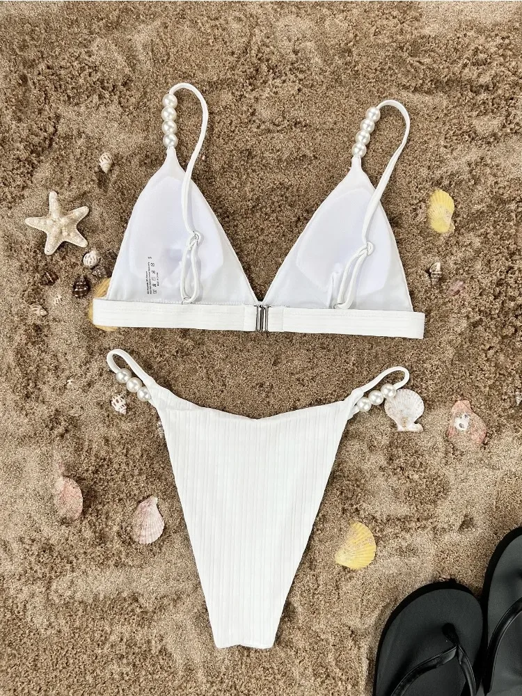 Sexy White Micro Bikini Push Up Swimsuit 2025 New Women Brazilian Thong Triangle Top Ribbed Pearl Strap Beach Holiday Swimwear