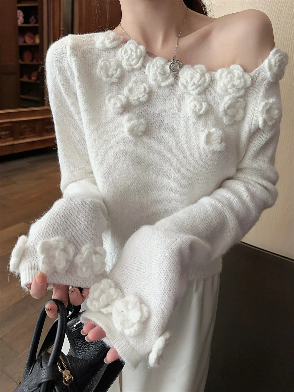 

ZHISILAO New Embroidery Floral Print Sweater Women Casual White Long Sleeve Knit Sweater Winter 2024 Tops