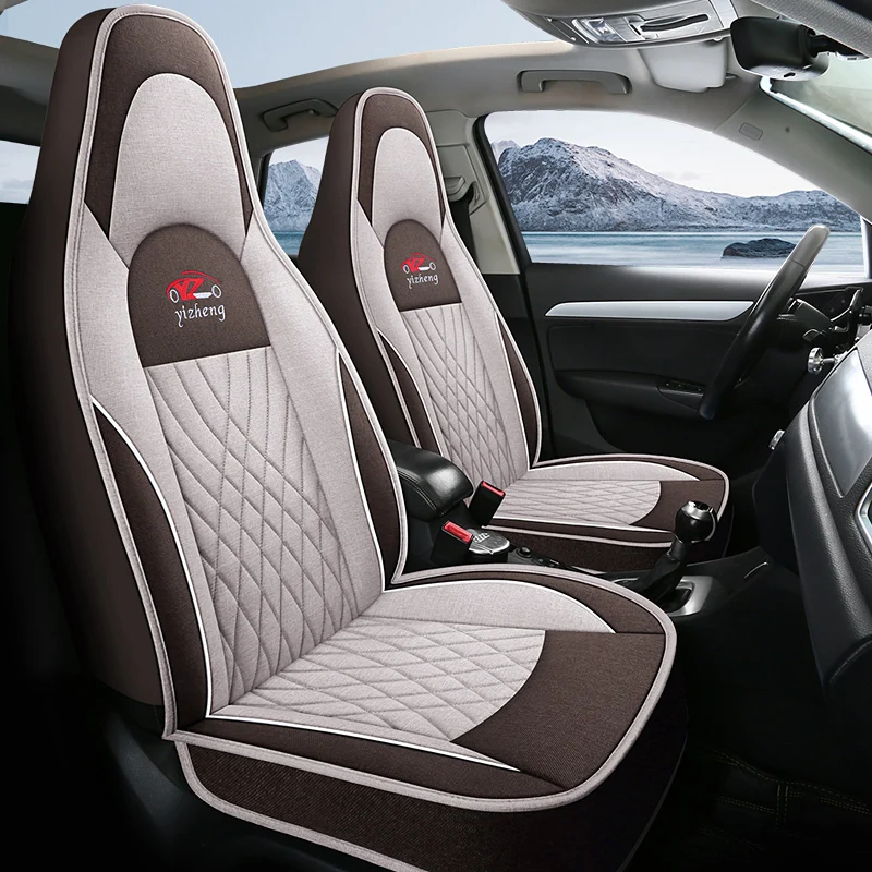 2 Stück Vordersitzbezüge für einteilige Sitze, atmungsaktives Leinen, für alle Jahreszeiten, passend für die meisten integrierten Vordersitze, für Tesla/BYD/EV-Fahrzeuge. – Detail 4
