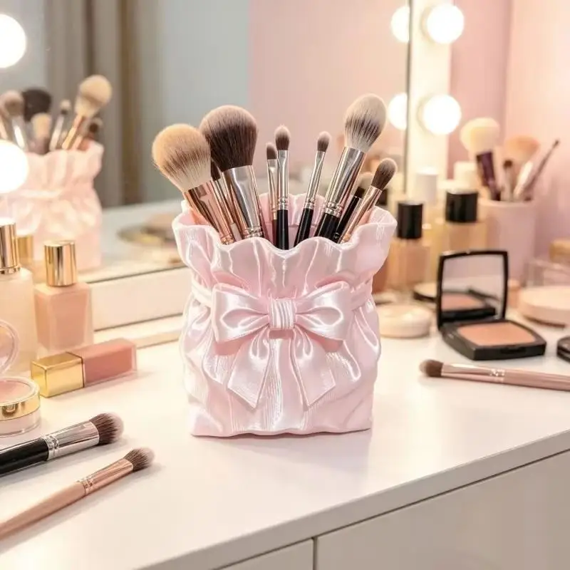3D Printed Bow-Shaped Brush Holder Cosmetic Storage Cup Desk Organizer Portable Beauty Tool Container For Vanity Table