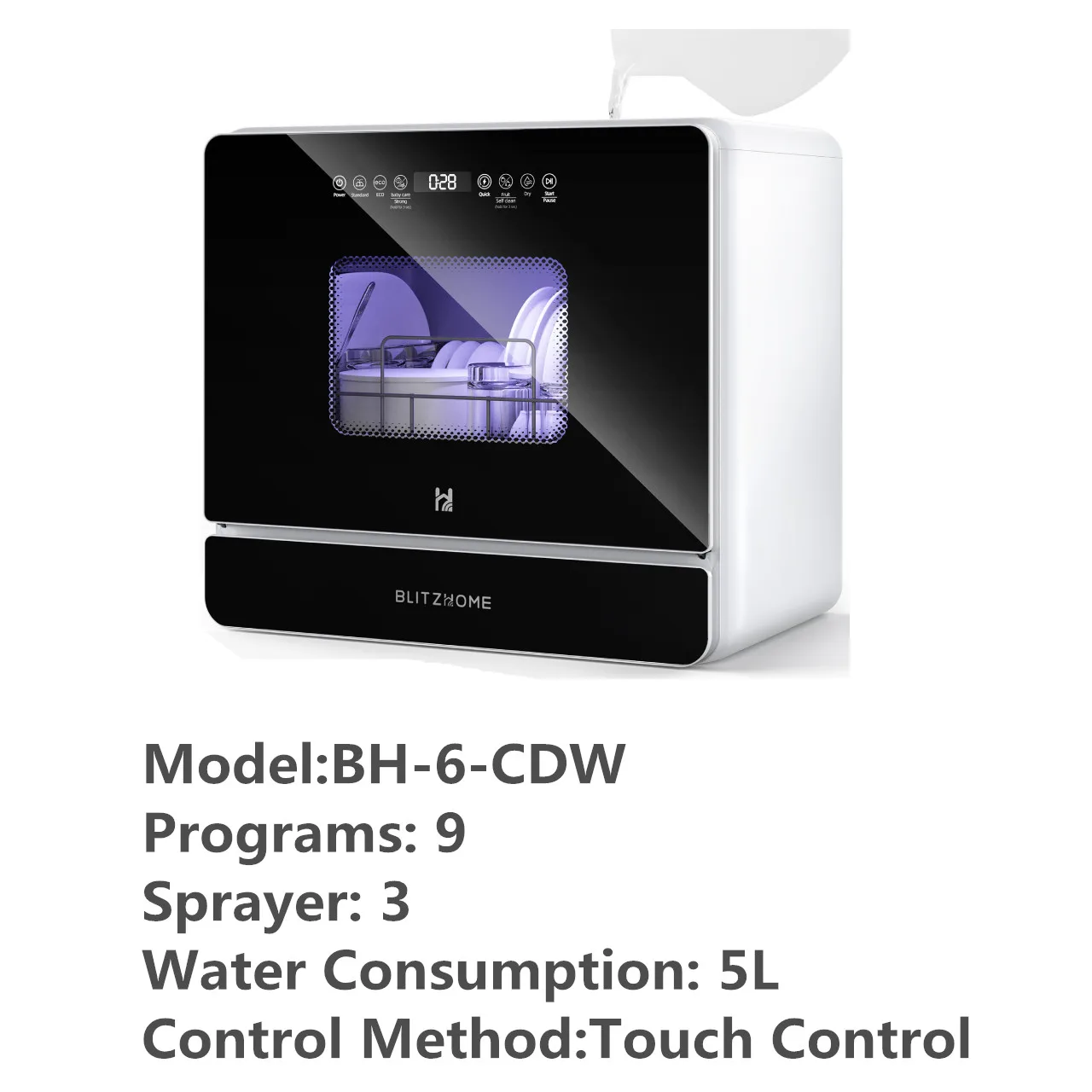 BLITZHOME BH-4-CDW Compacte slimme aanrechtvaatwasser APP-bediening 8 programma's 3D 360 °   Dubbele spray met ingebouwde watertank van 5 liter