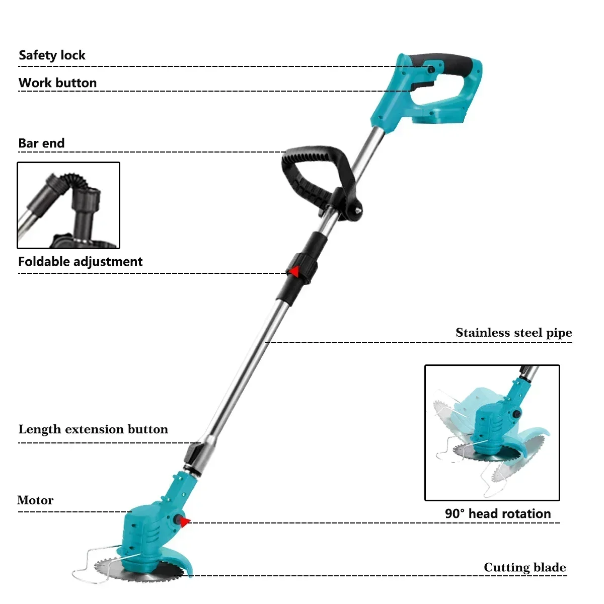 Cortacésped eléctrico plegable de mano para Makita, batería de 18V, cortadora de césped inalámbrica para jardín, longitud ajustable, para Makita de