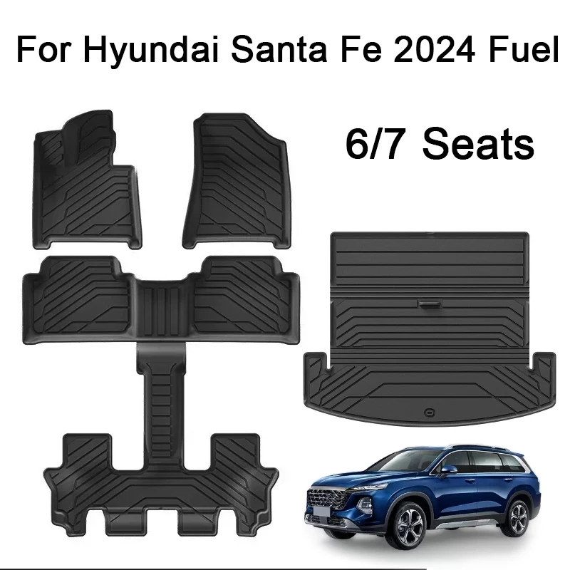 

for Hyundai Santa Fe 2024 Fuel Car Floor Mats Left Hand Drive Cargo Liner TPE Trunk Pad 3D Foot Mat Black 6 Seats 7 Seats