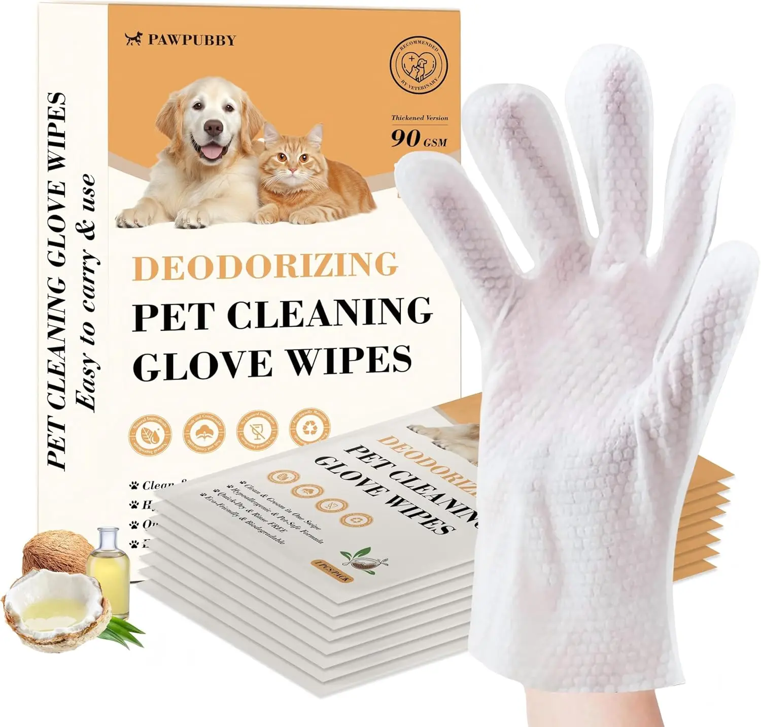 

Coconut Oil Plant Extract Pet Glove Wipes for Dogs Cats Deodorizing Bath Grooming Daily Outdoor Care 8 Count