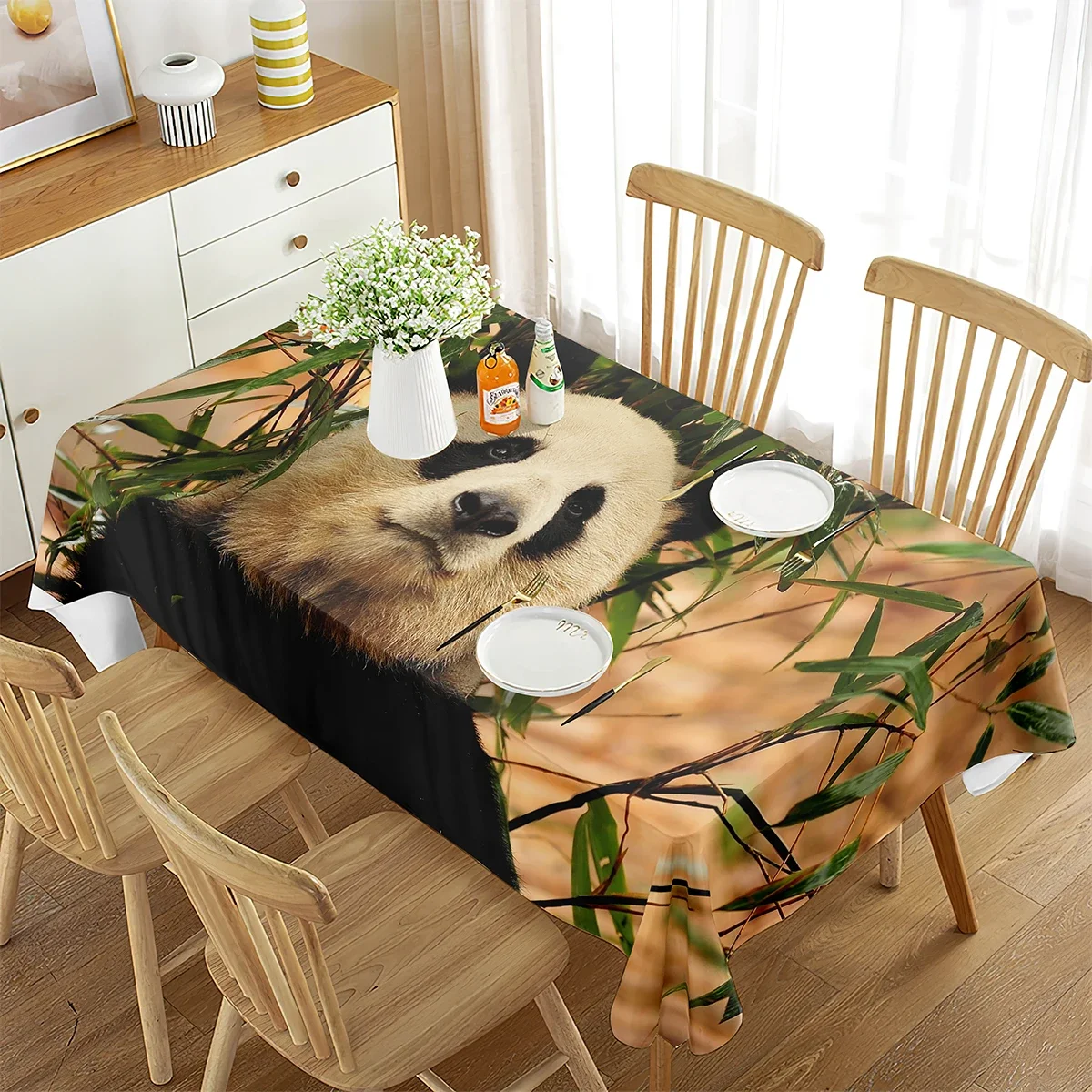 2D Panda Rectangle Tablecloth Black White Panda Eat Green Bamboo Cute Panda for Dining Room Kitchen Home Decorations Tablecloths