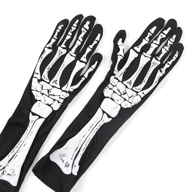 Black Punk Long Gloves Unisex Halloween Skeleton Skull Half Finger GlovesFingerless Stretch Goth Cosplay Accessories Mittens