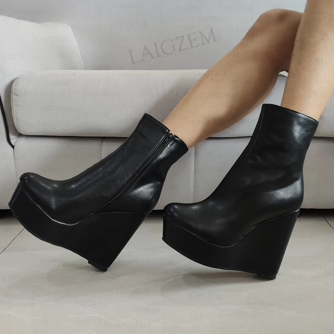 LAIGZEM Women Ankle Boots Platform Wedges Side Zip Up Faux Leather Booties Comfortable Unisex Shoes Woman Big Size 41 46 48 52