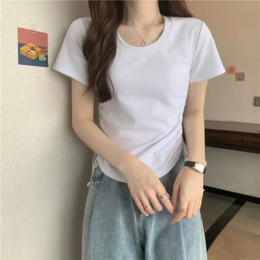 Pullover Drawstring Short-Sleeved T-Shirt Solid Color Ins Style Square Neck Basic Tees Shirt Women's Clothing Simple