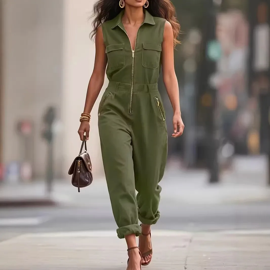 Zipper Mid Waist Pants Straight Leg Commuter Style with Sleeveless Elegant Full Length Fresh and Sweet Patchwork Women Jumpsuit