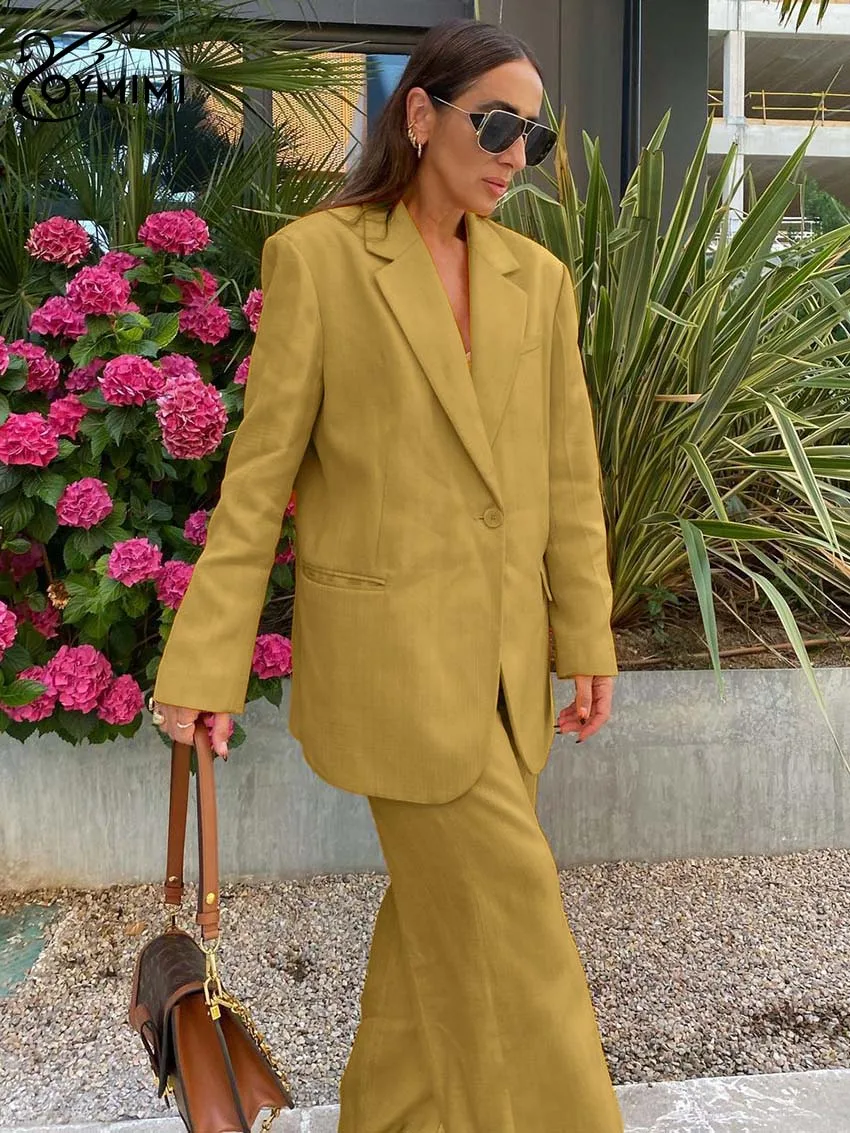 Oymimi-Conjunto de 2 piezas de oficina para mujer, traje elegante de solapa, manga larga, bolsillos con un solo botón, camisa y pantalones lisos,